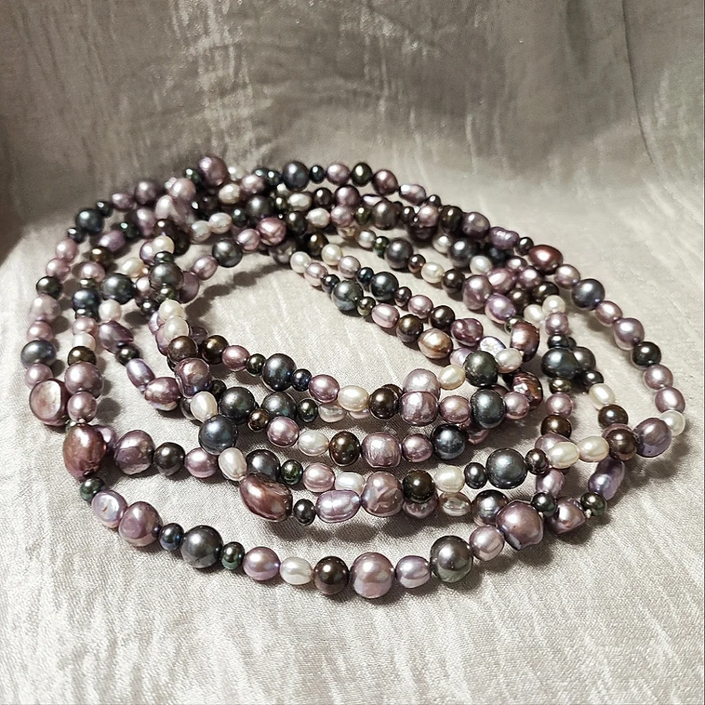 Peacock Freshwater Glass Pearls Gray Purple Lavender Cream Long Strand Necklace